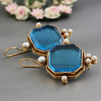 Vintage Blue Glass Accents Fleur De Lis Dangle Earrings