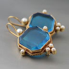 Vintage Blue Glass Accents Fleur De Lis Dangle Earrings
