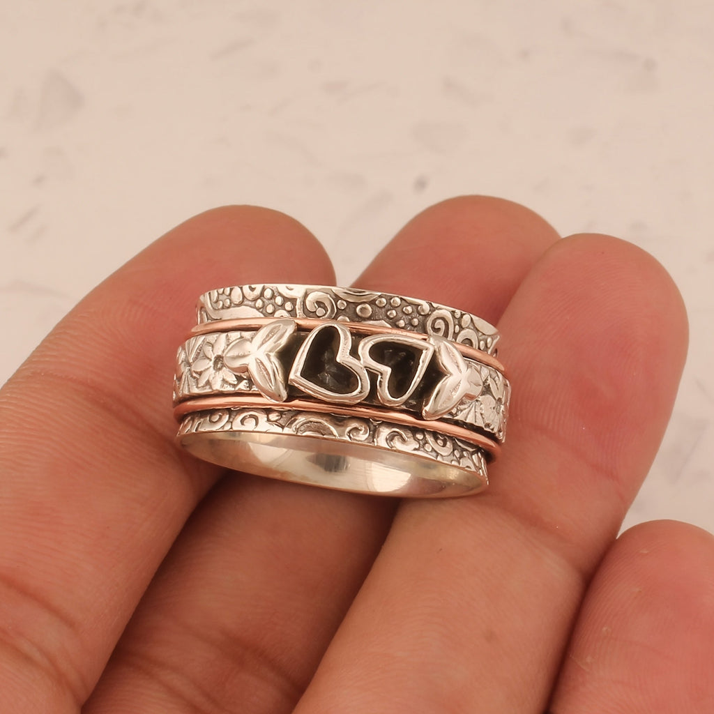 Vintage Style Butterfly Heart Silver Plated Spinner Ring