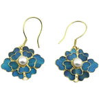Vintage Blue Enamel Flower Pearl Drop Earrings