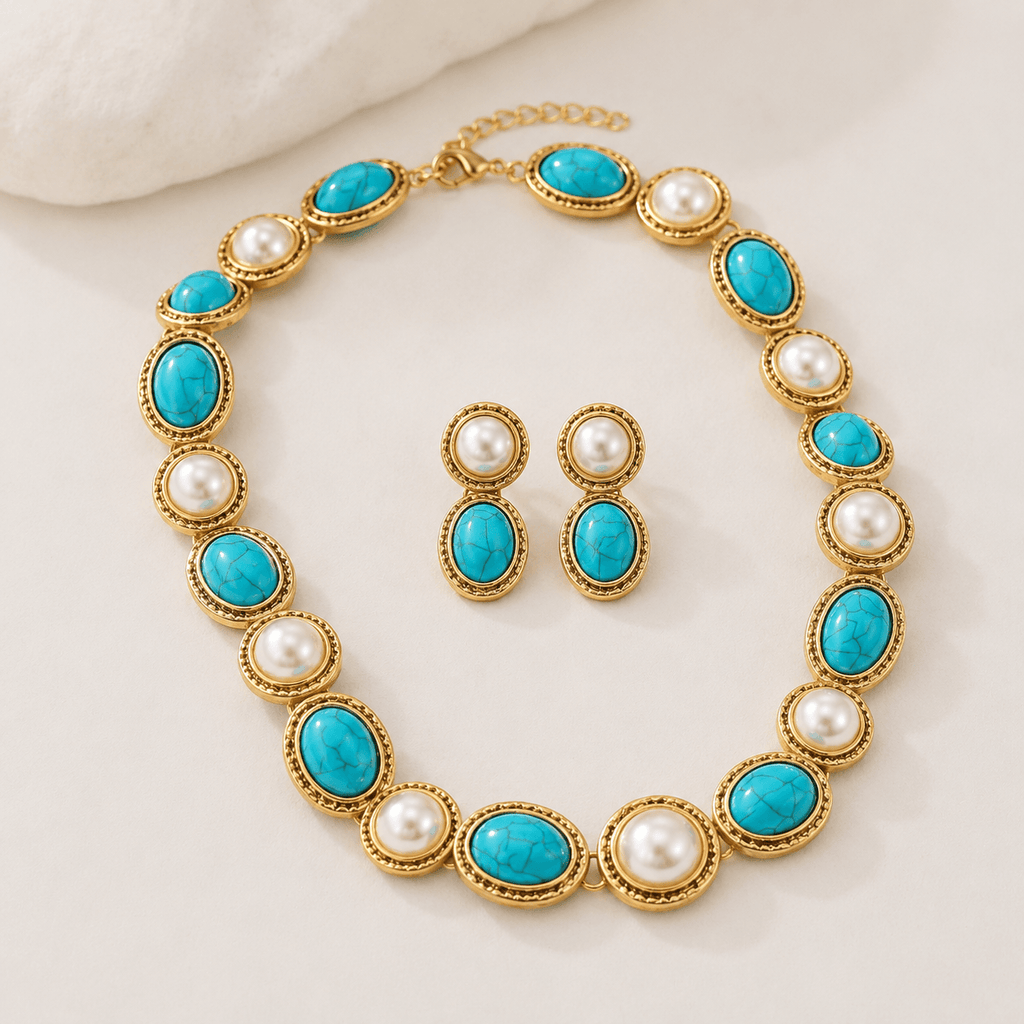 Turquoise & Pearl Antique Gold Statement Set
