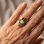 Vintage Floral Design Opal & Blue Crystal Gold Ring