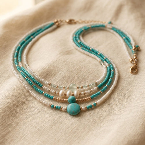 Boho-Choker-Set mit Türkis-Rocailles und Perlen