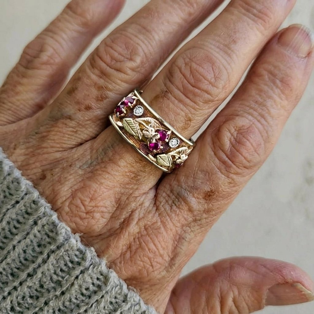 Vintage-Ring in Antikgold mit farbigem Edelstein