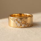 Vintage Wide Gold Plated Shiny Zirconia Leaf Ring