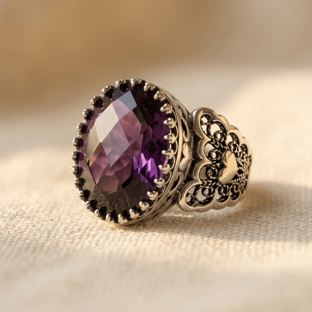 Ethnic Hand Carved Purple Zirconia Heart Ring
