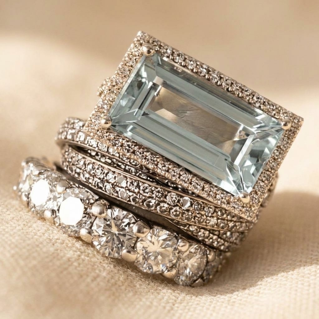 Vintage Silver Emerald Cut Aquamarine Ring Set